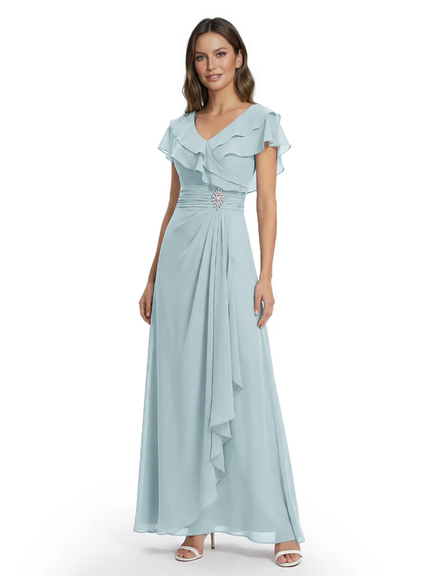 Elegant Mother of the Groom Dress Cascading Ruffle Chiffon Formal Gown Rhinestone