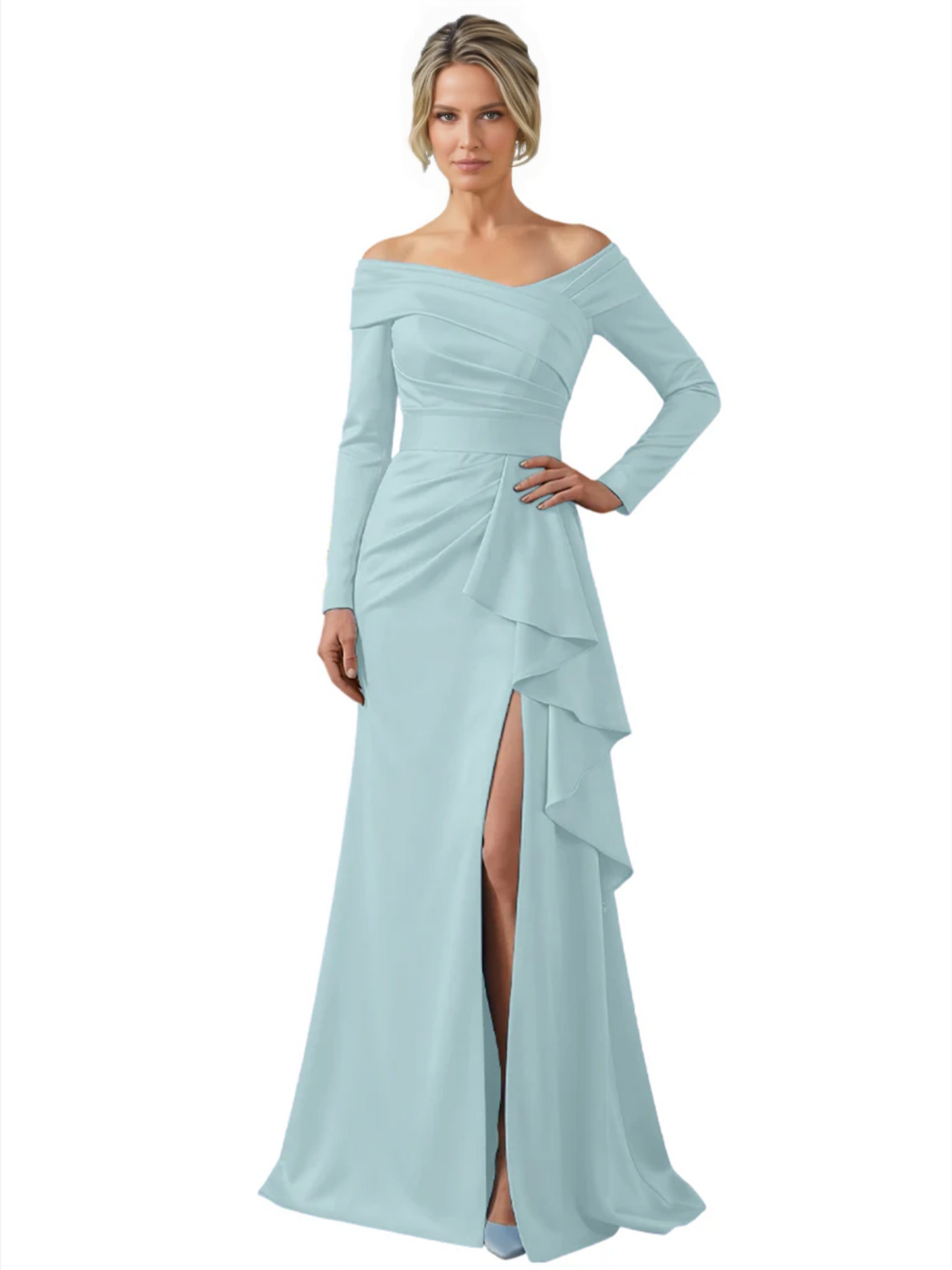 Elegant Mother of the Groom Dress Cascading Ruffle Satin Gown with High Slit Long Sleeves