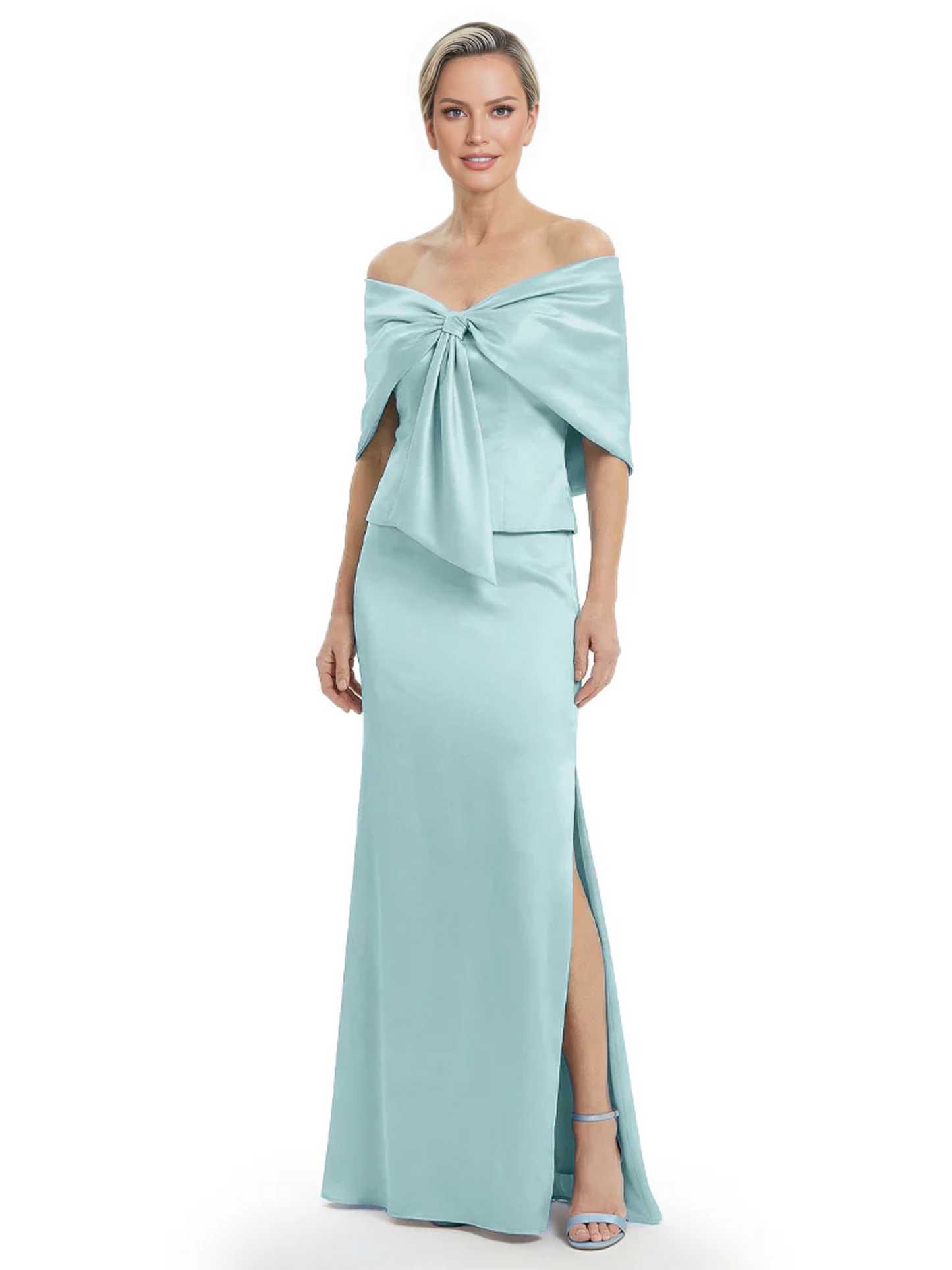 Formal Floor-Length Mother of the Bride Gown Satin Maxi Dress with Bow Neckline