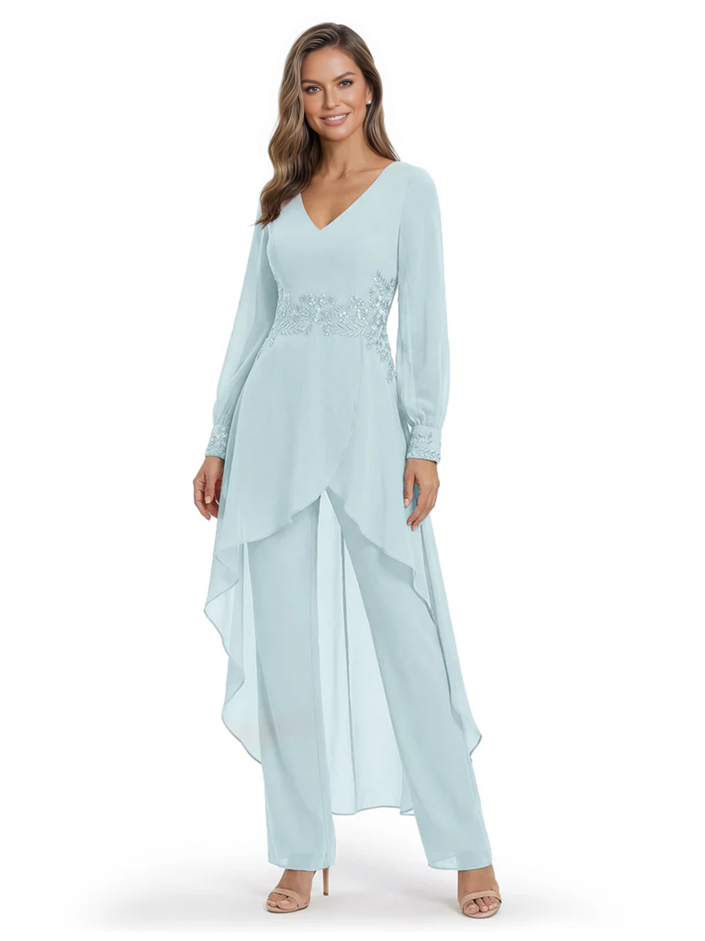 Luxury Black Formal Trousers Set High-Low Chiffon Top with Sparkling Beaded Detail