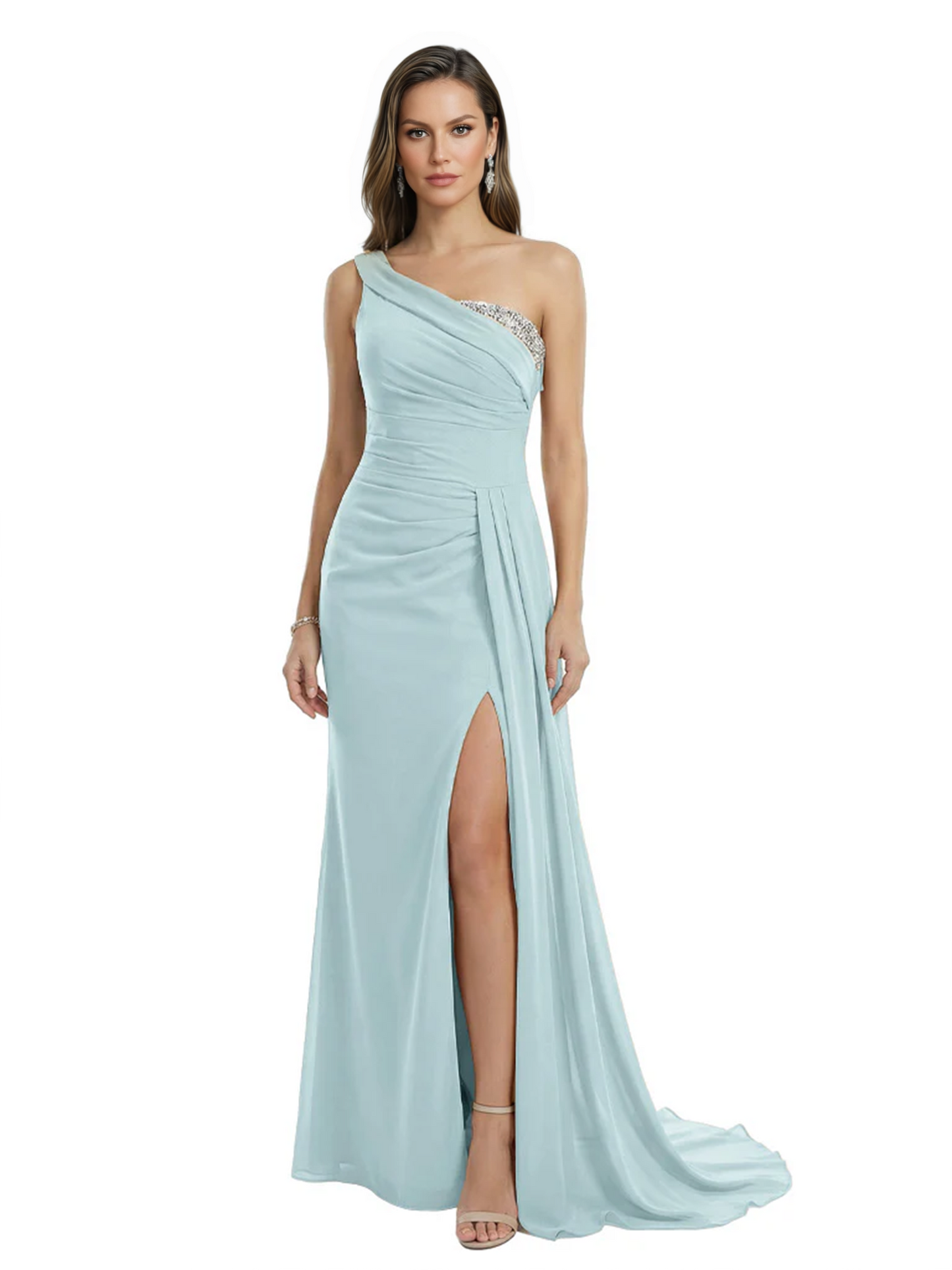 One Shoulder Mother of Bride Dress Ruffle Formal Gowns Mermaid Floor Length Train Slit