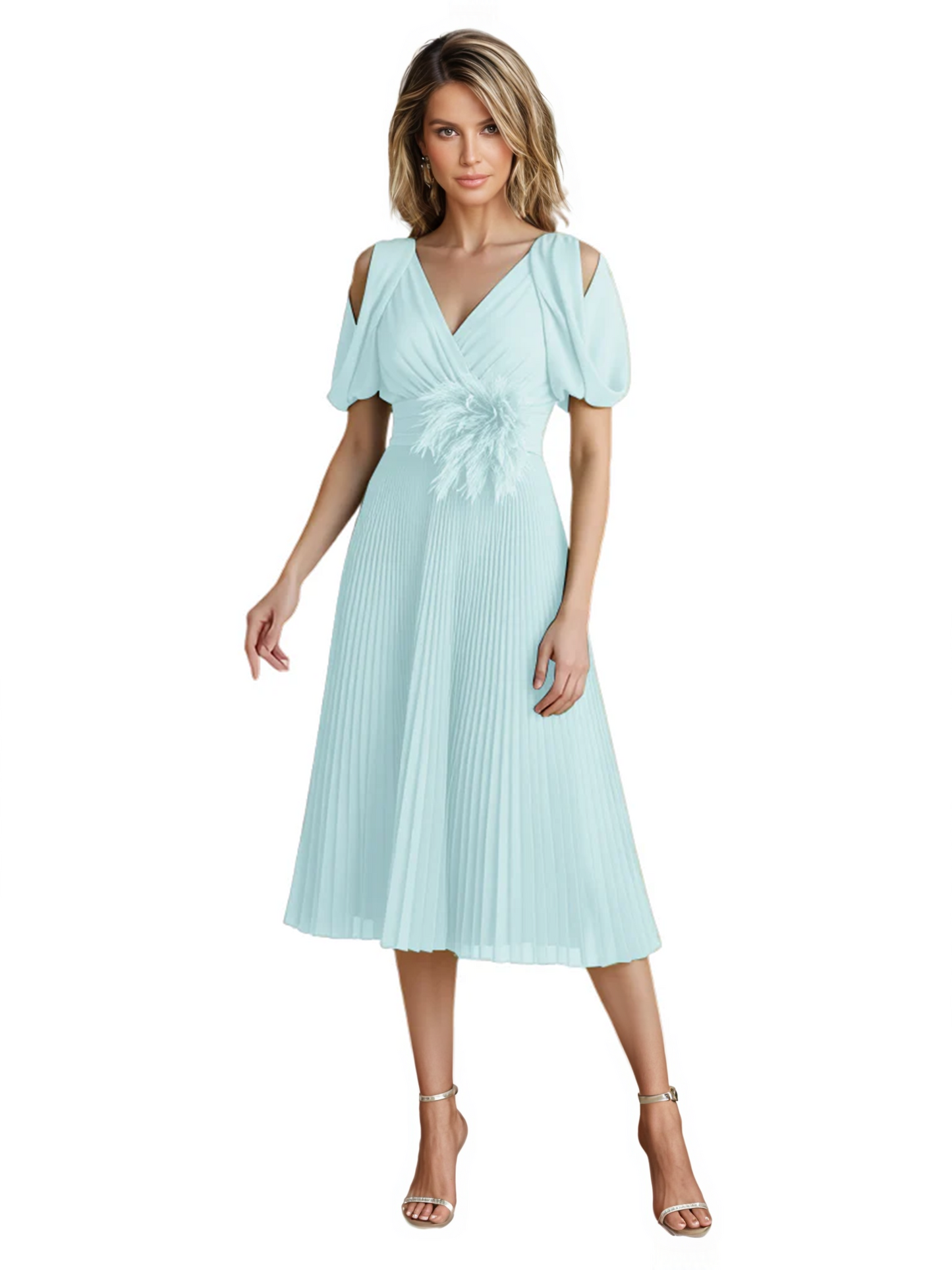 Wedding Formal Dress V-Neck Pleated Chiffon Gown with 3D Flower Accent Knee Length