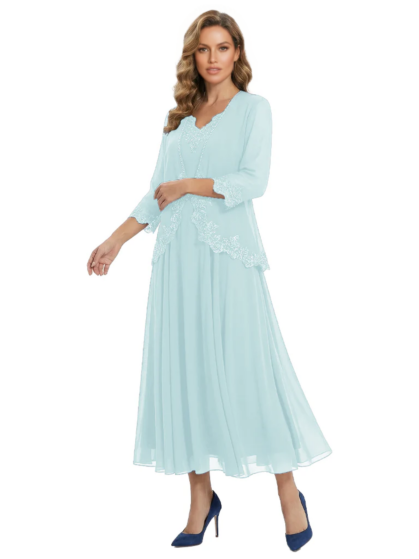 3/4 Sleeve Chiffon Mother of the Brides Dresses V-Neck Wedding Party Gowns
