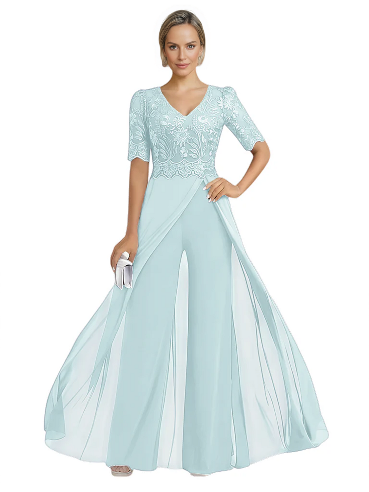 V-Neck Chiffon Mother of the Brides Jumpsuits Dresses Floor Length A-Line Lace