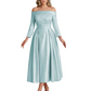 Off Shoulder Mother of the Bride Dress Tea-Length Satin Gown with Lace Applique