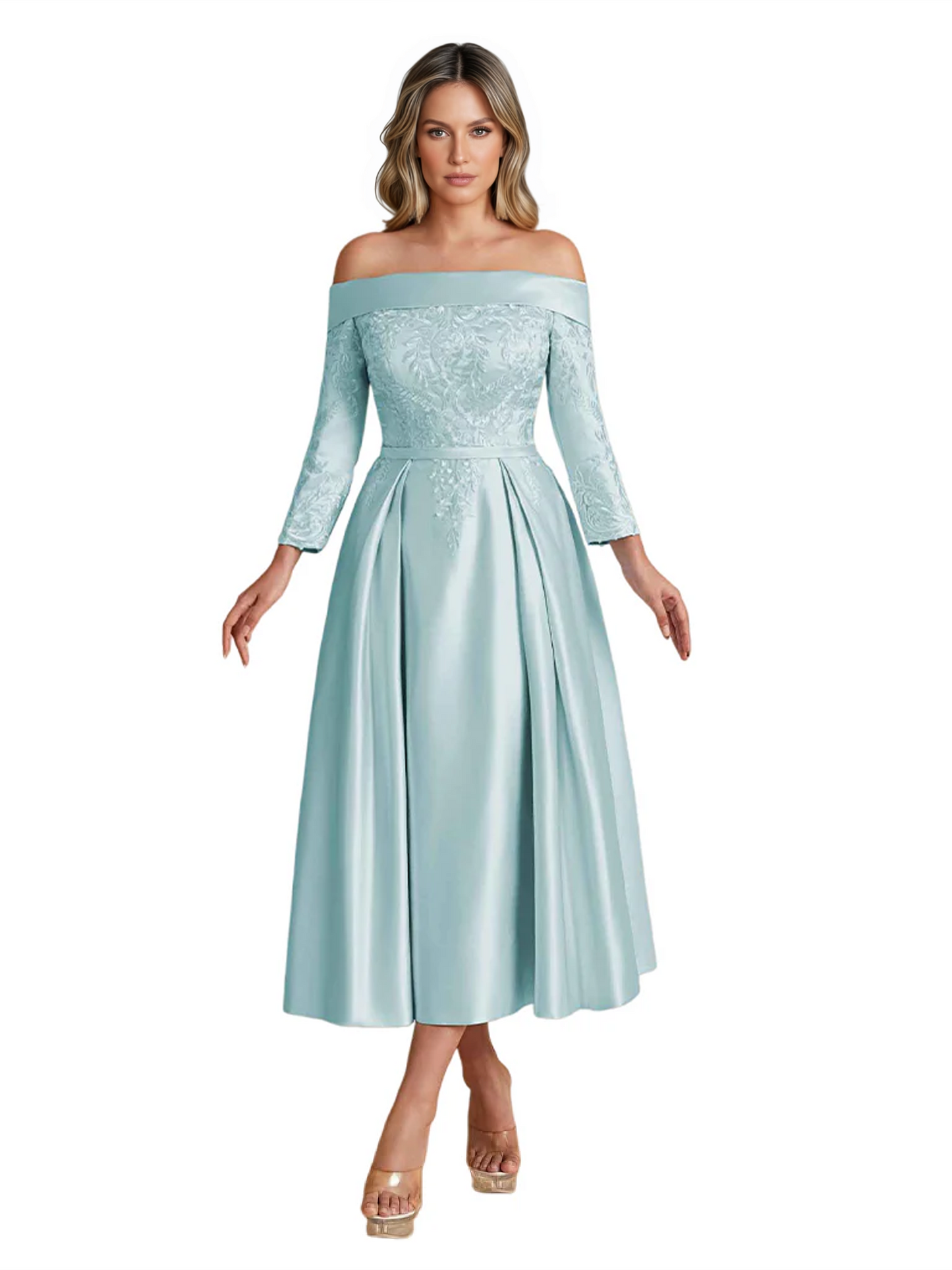Off Shoulder Mother of the Bride Dress Tea-Length Satin Gown with Lace Applique