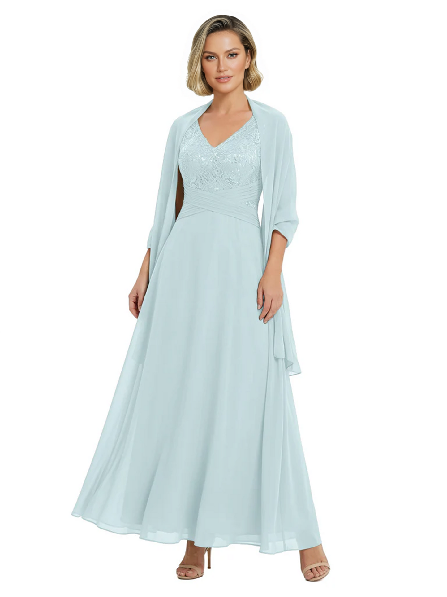 Luxury Formal Mother of Bride Dress Sparkling Sequin Top & Flowy Chiffon Skirt with Shawl