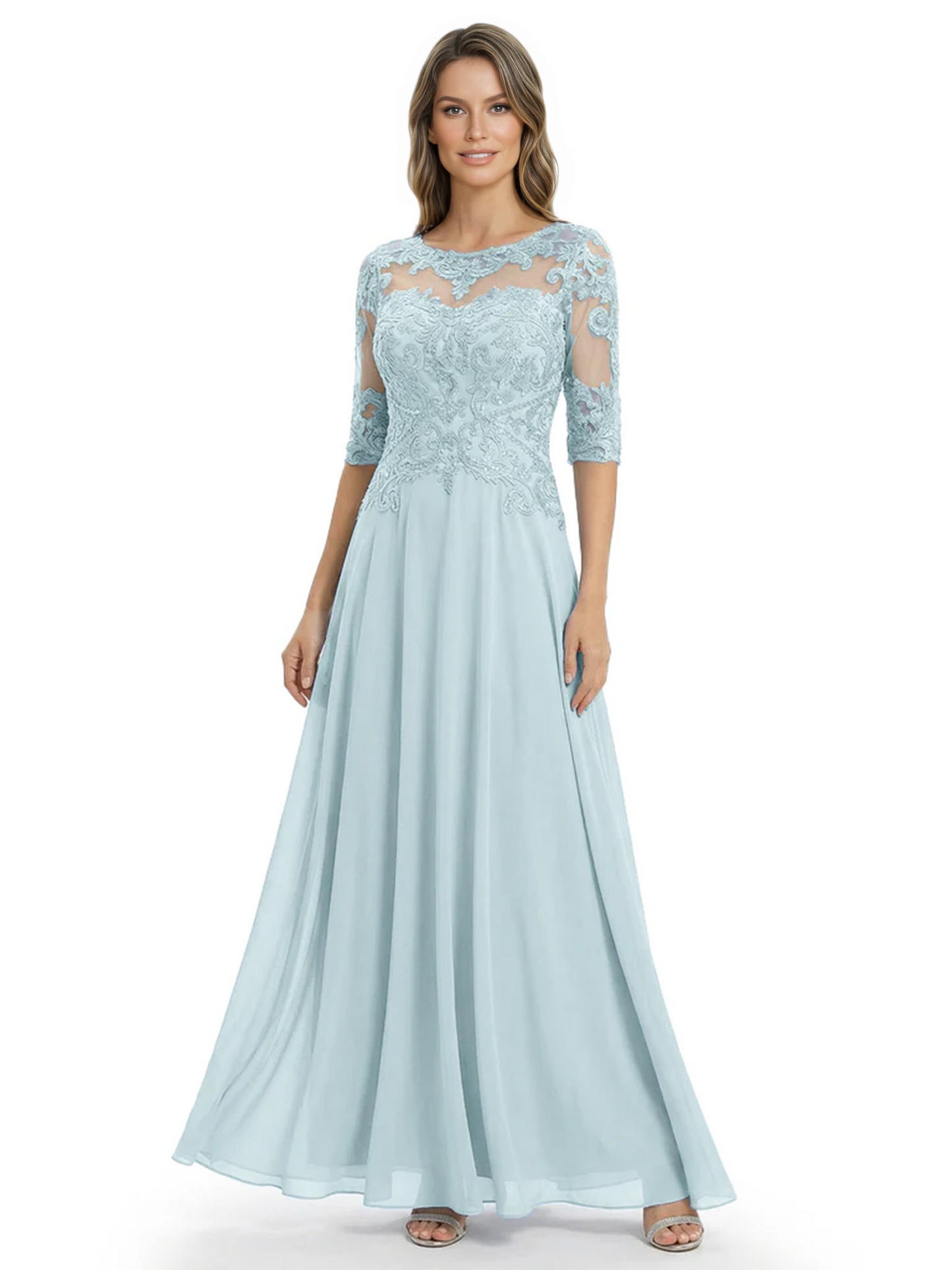 Illusion Neck Mother of the Bride Dress Half Sleeve Lace Applique Gowns Chiffon