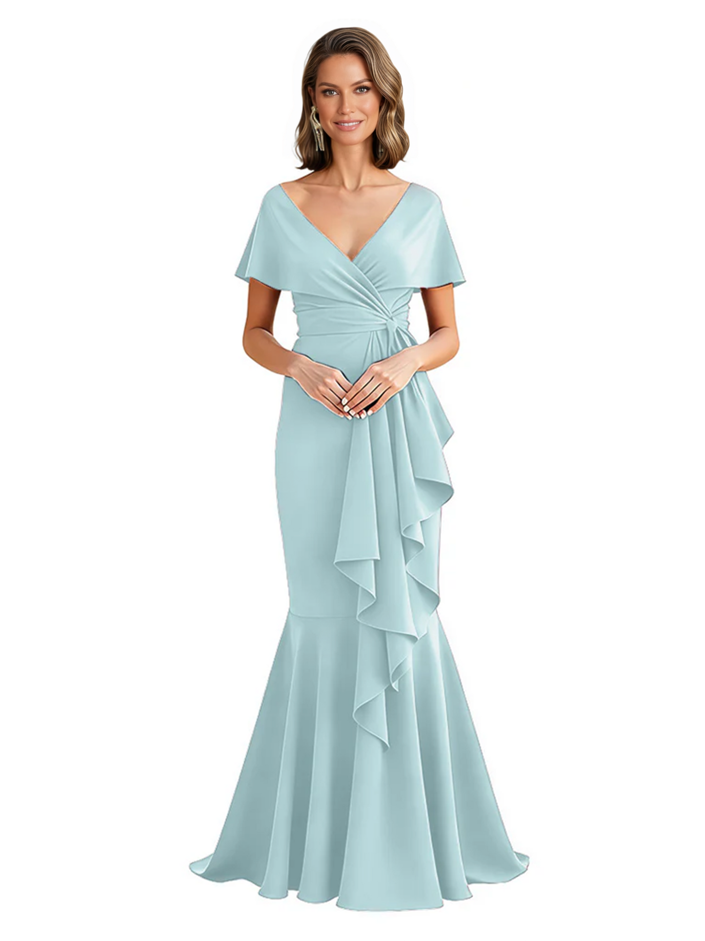 Satin Mother of the Bride Dress with Cascading Ruffles and Mermaid Tail V-Neck