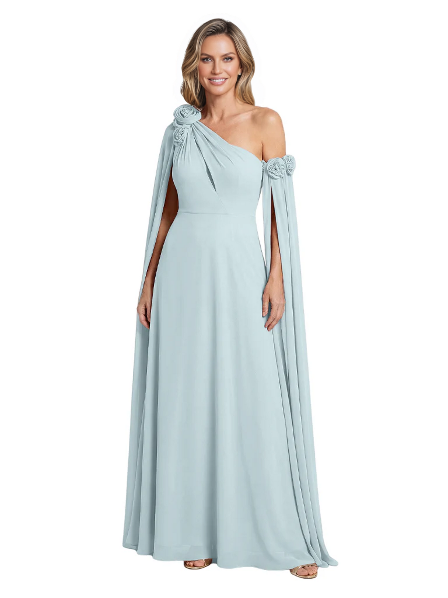 One Shoulder Mother of the Bride Dress Asymmetrical Cape Sleeve Gown with Floral