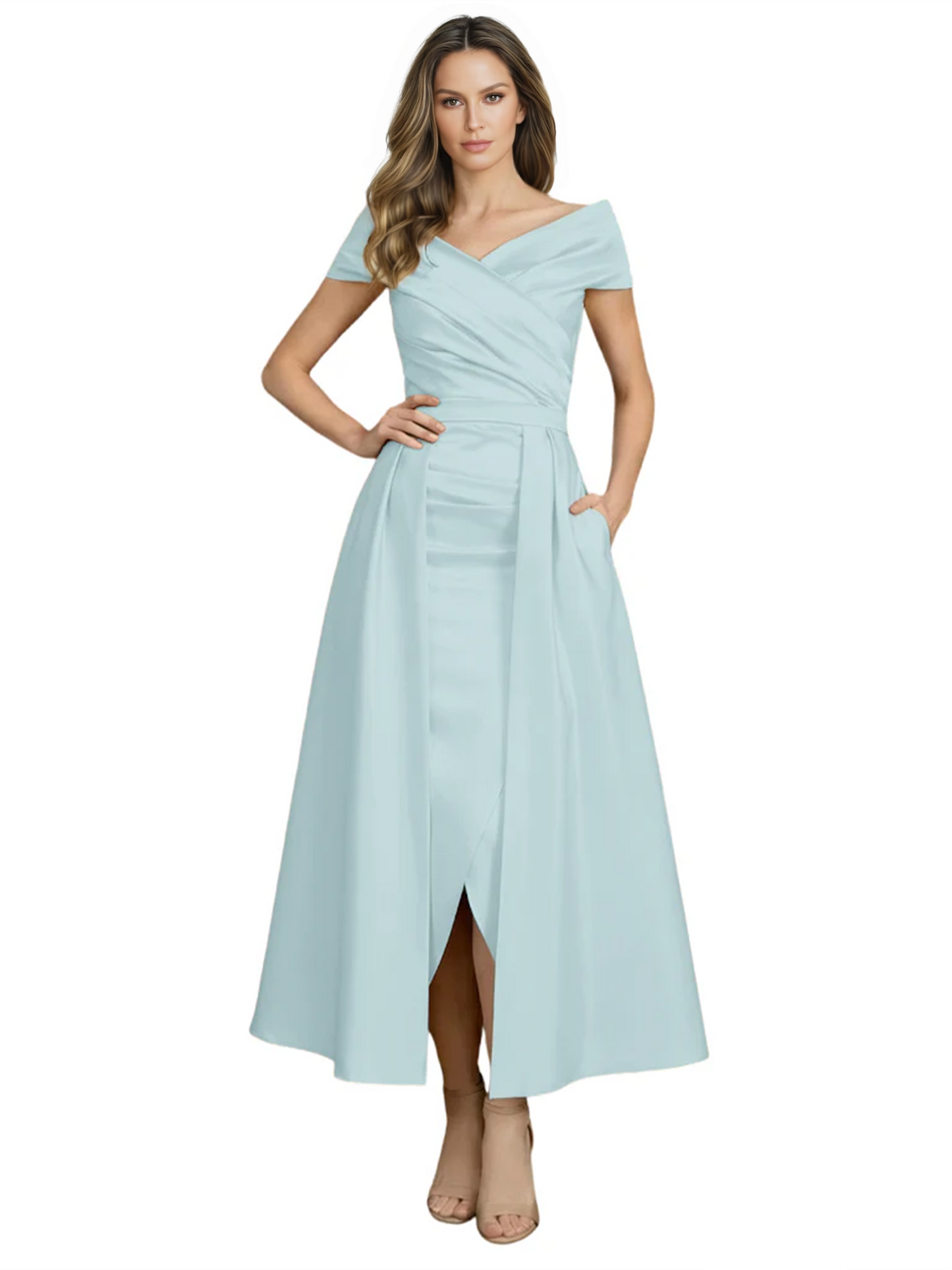 Formal Floor-Length Mother of the Bride Gown Satin Maxi Dress with Slit Off Shoulder