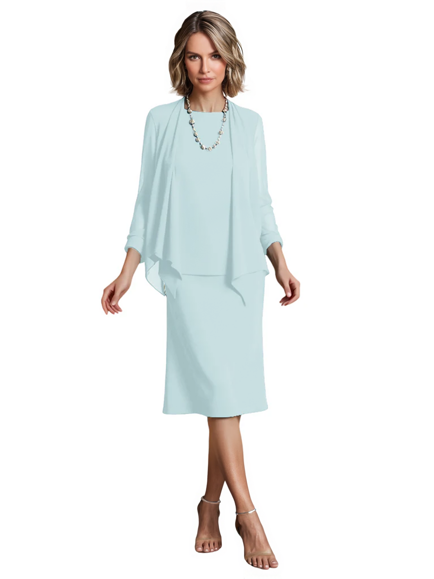 3 PCS Knee-Length Mother of Bride Dresses Prom Dress Evening Dress with Sheer Sleeves and Jacket