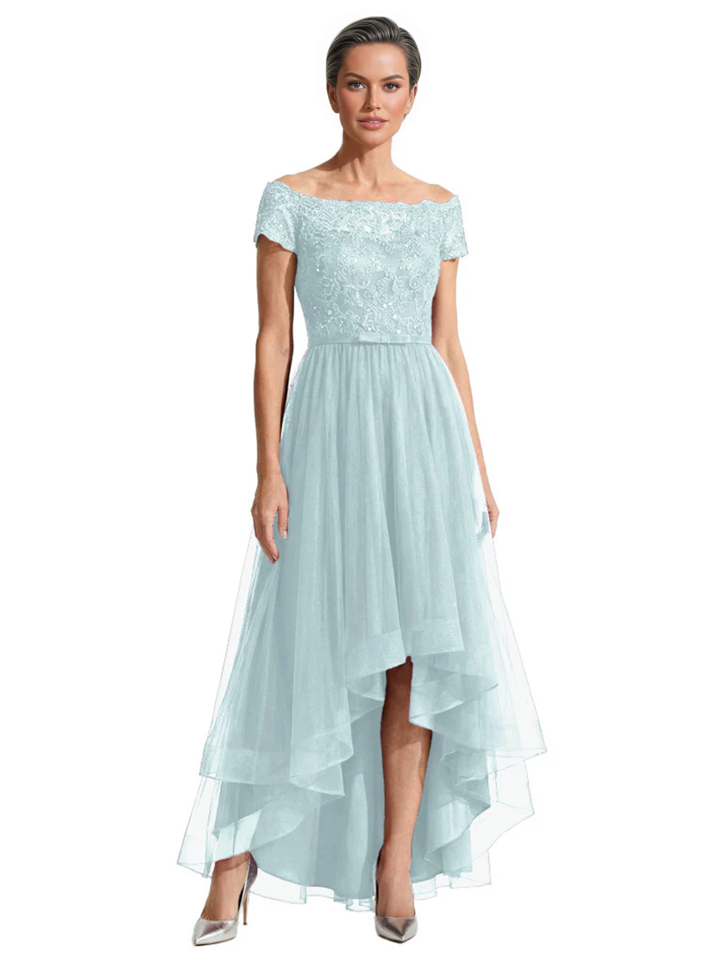 Formal High-Low Mother of the Bride Gown Short Sleeve Lace Maxi Dress with Tiered Skirt