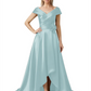 Off Shoulder Mother of the Bride Dress High-Low Satin Gown with Portrait Neckline