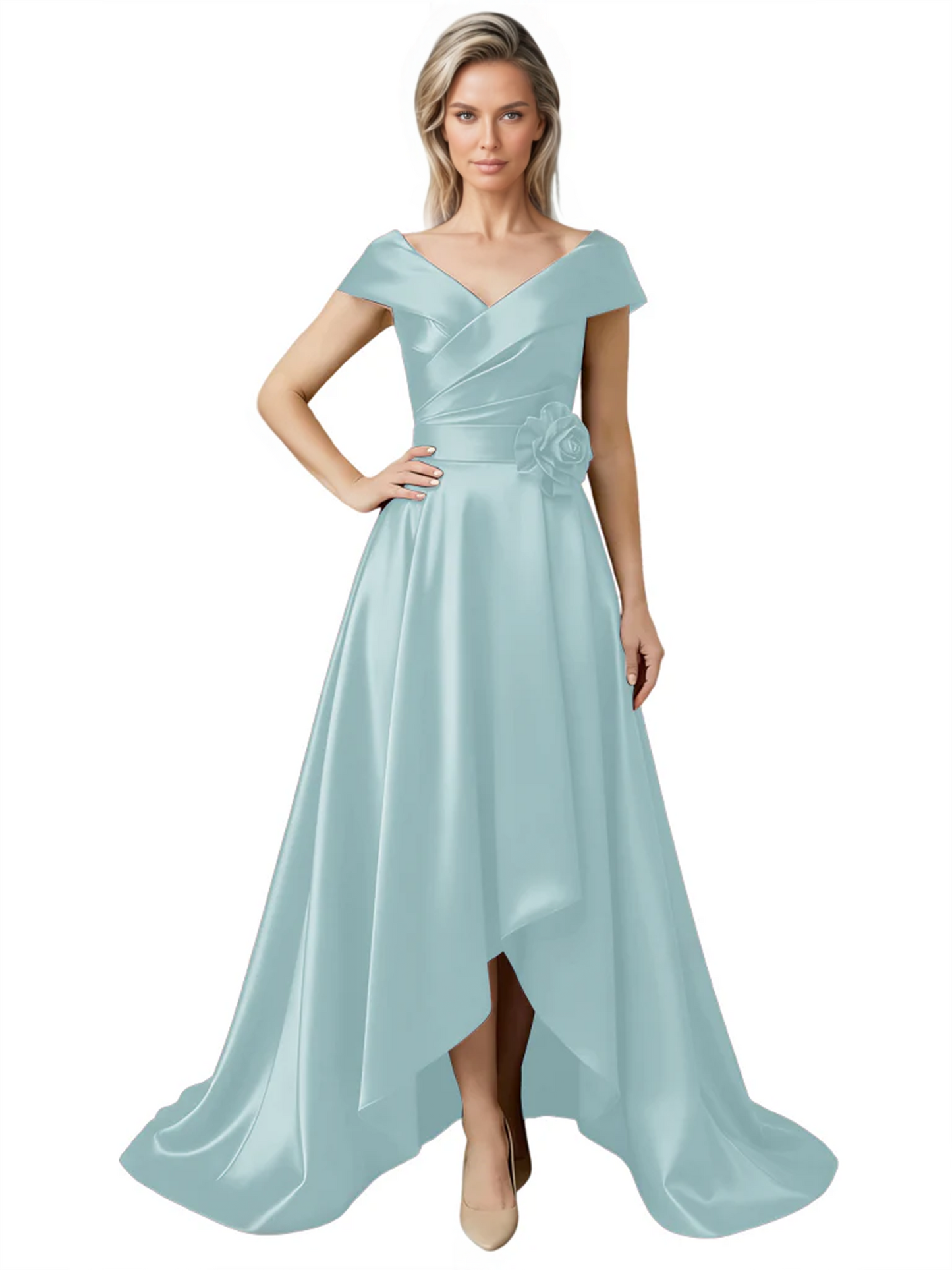 Off Shoulder Mother of the Bride Dress High-Low Satin Gown with Portrait Neckline