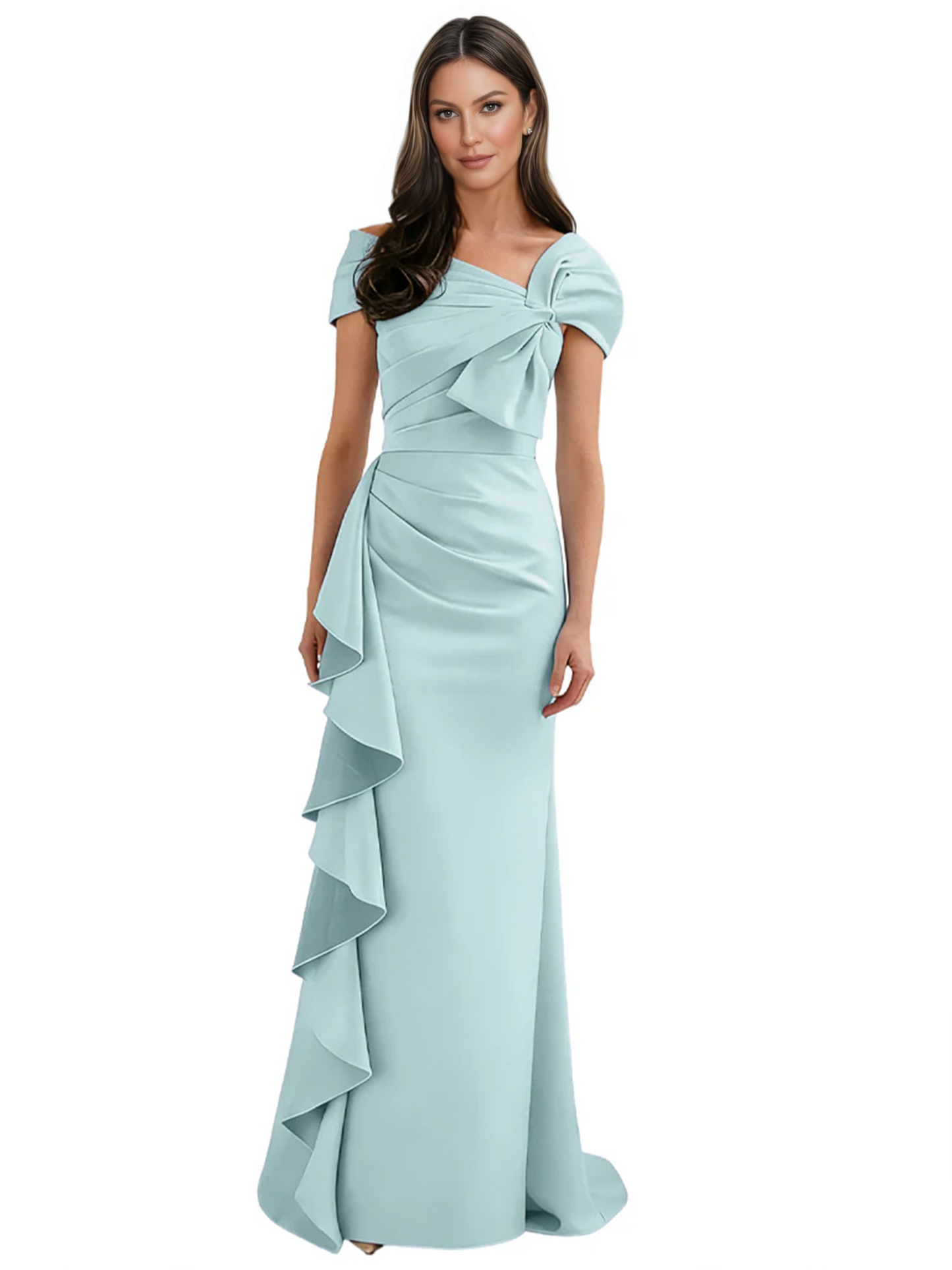 Elegant Mother of Bride Dress Formal Gowns Mermaid Ruffle Floor Length Asymmetric Neckline