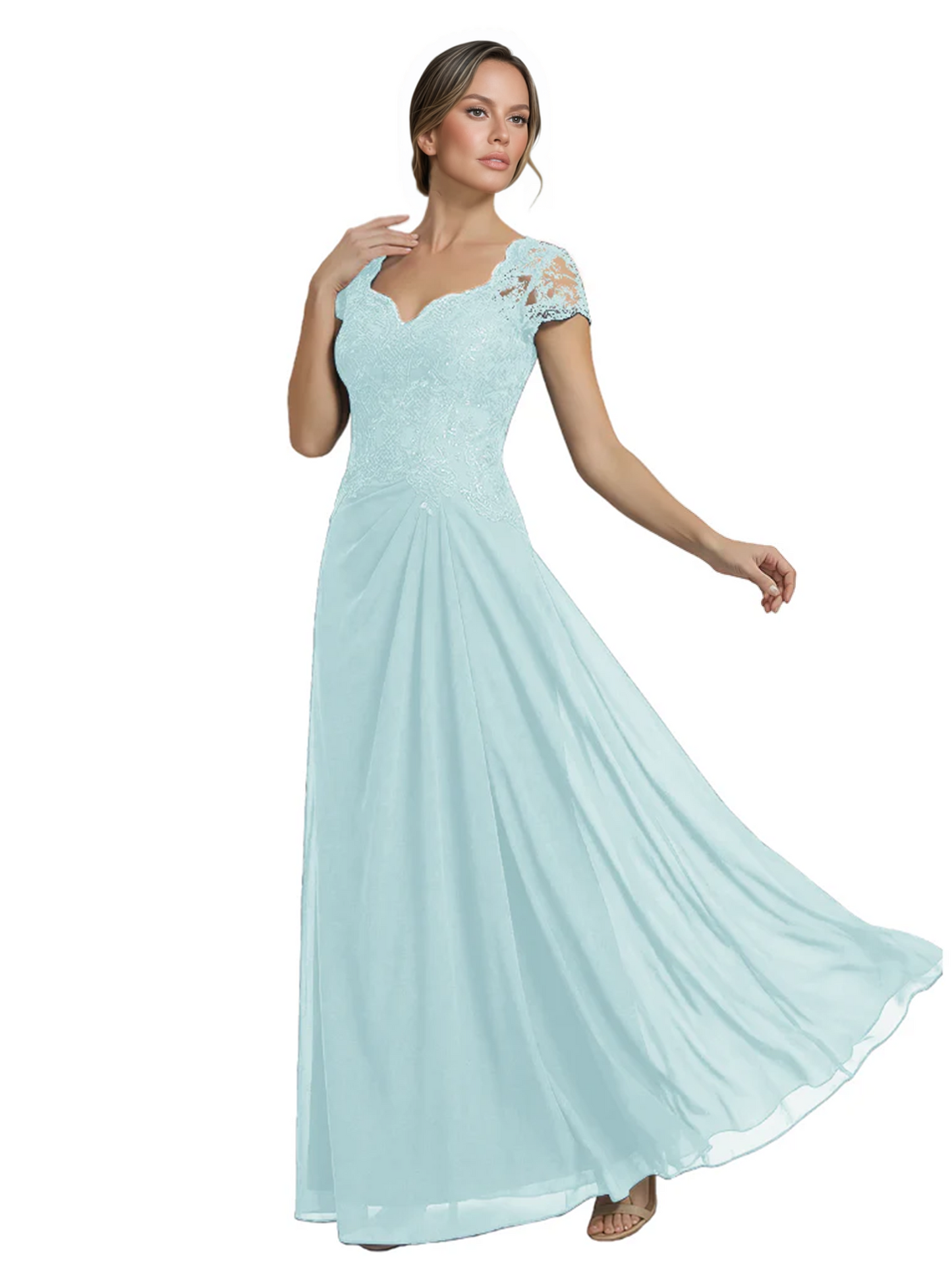 Long A-line Chiffon Short Sleeves Mother of the Brides Dresses Lace Wedding