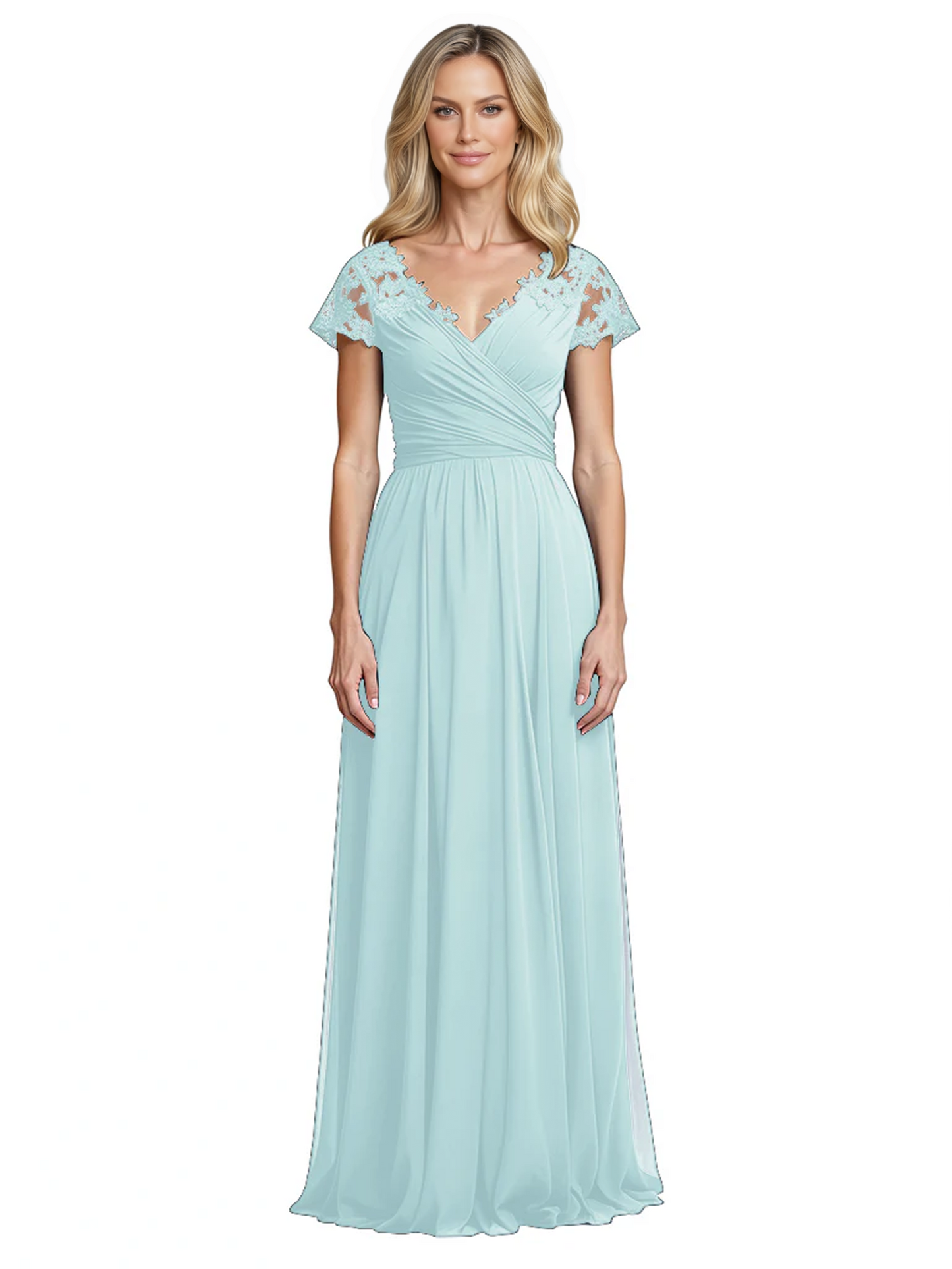 Mother of the Bride Dress Cap Sleeves and V-Neckline with Embroidered Lace Shoulders
