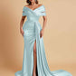 Elegant Soft Satin V-neck Off-the-Shoulder Side-Slit Mermaid Bridesmaid Dresses