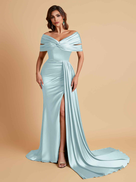 Elegant Soft Satin V-neck Off-the-Shoulder Side-Slit Mermaid Bridesmaid Dresses