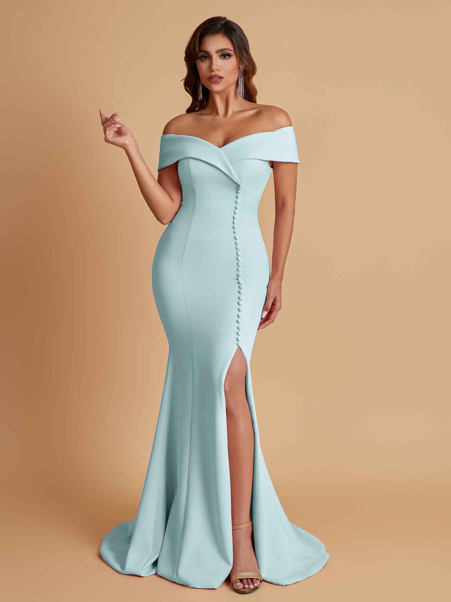 Elegant Soft Satin Mermaid Off Shoulder Side Slit Floor-Length Bridesmaid Dresses