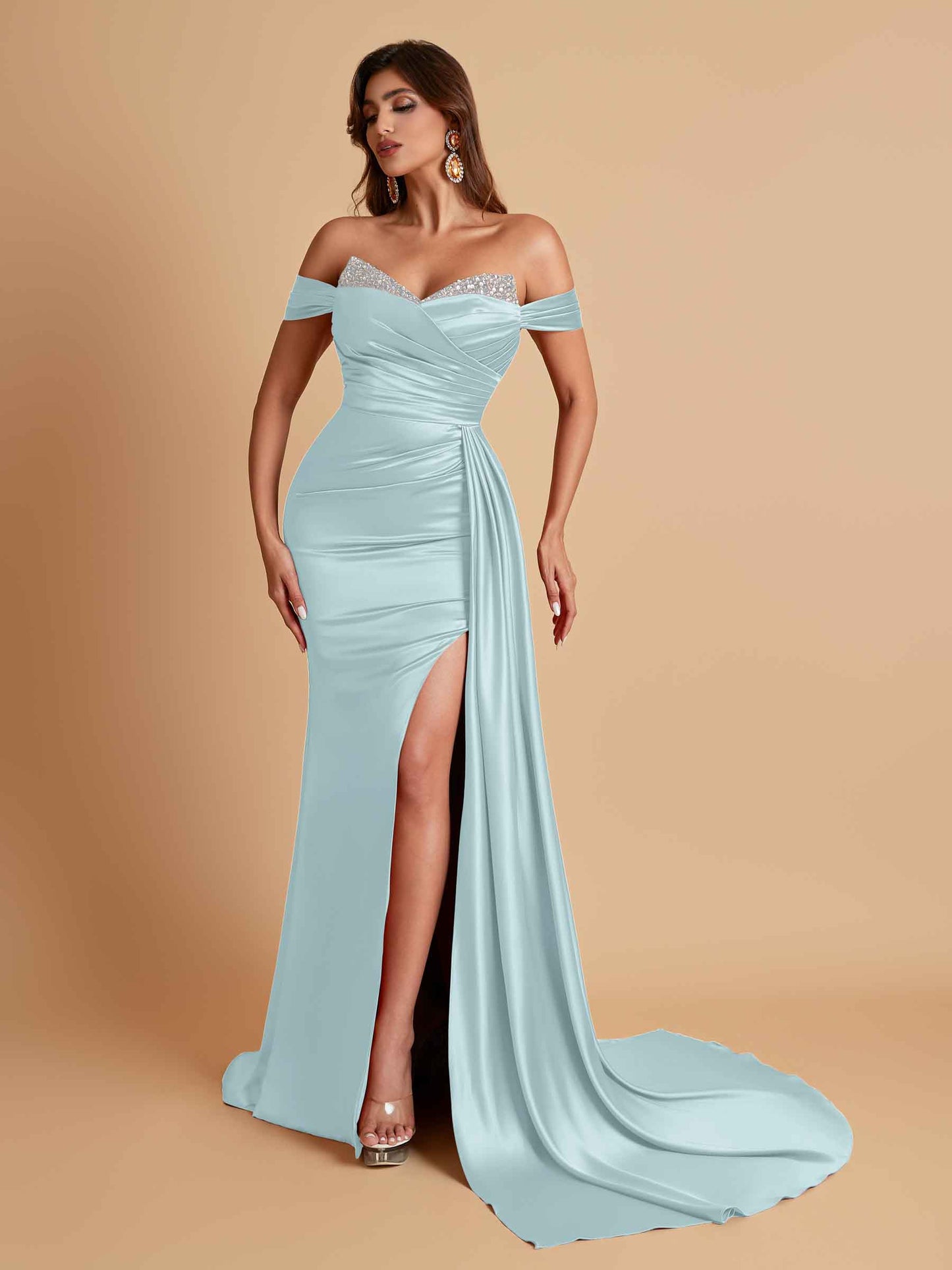 Gorgeous Soft Satin V-neck Off-the-Shoulder Side-Slit Mermaid Bridesmaid Dresses