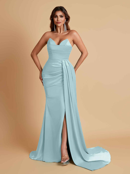 Gorgeous Strapless Soft Satin Side Slit Floor-Length Mermaid Bridesmaid Dresses