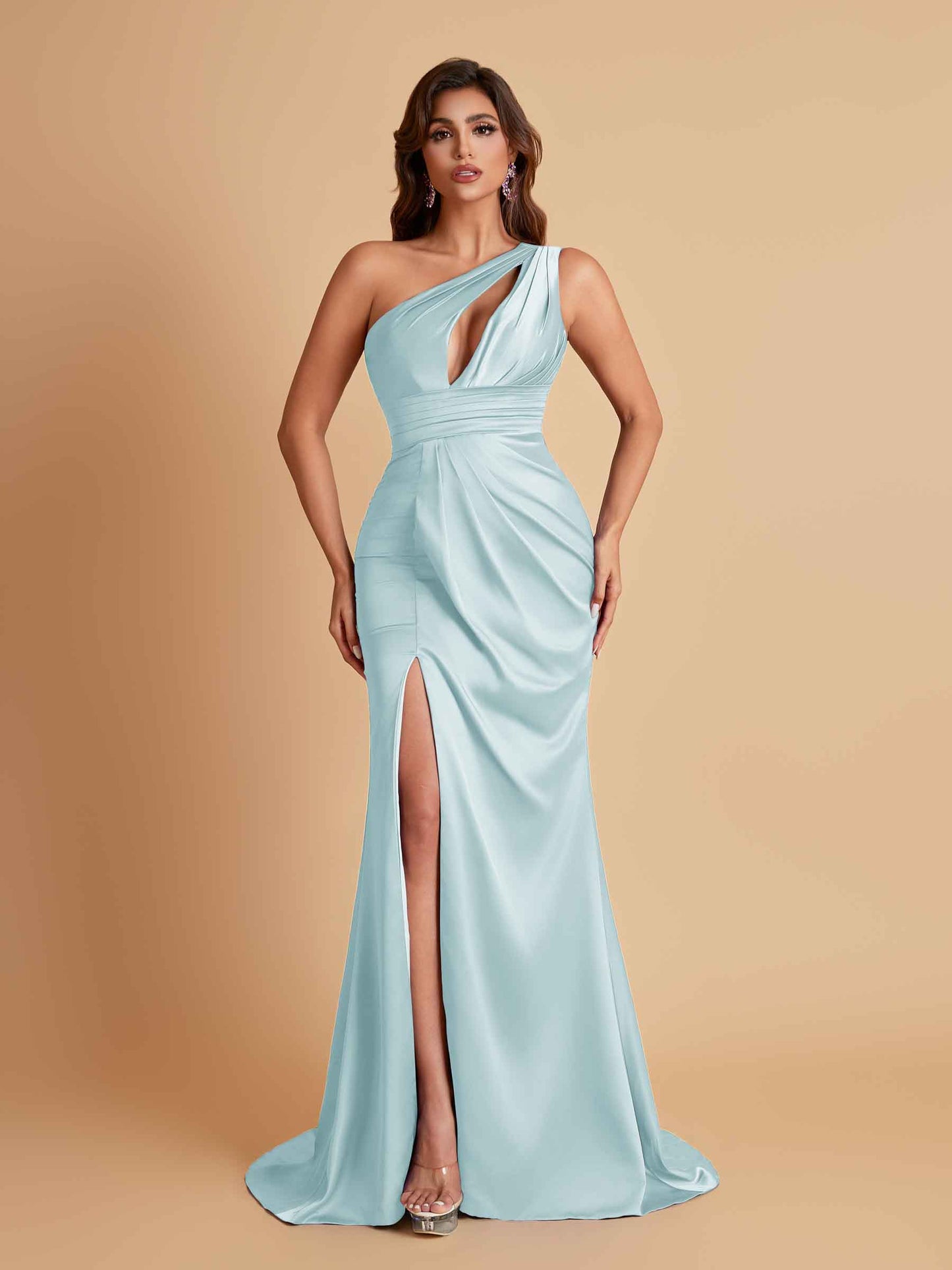 Sexy One Shoulder Soft Satin Side Slit Floor-Length Mermaid Bridesmaid Dresses