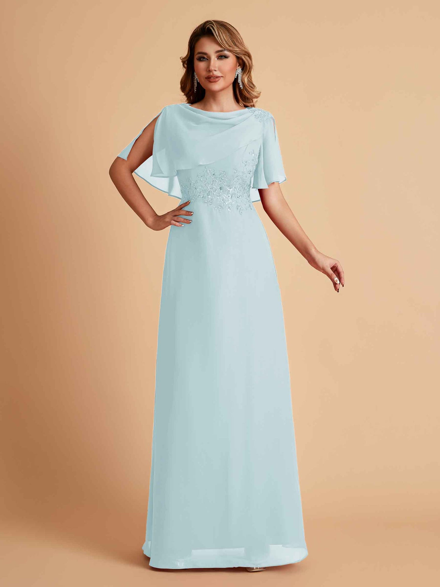 Elegant A-Line Chiffon Half Sleeves Jewel Mother of the Brides Dresses Online