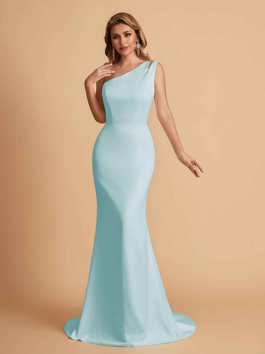 Elegant Satin One Shoulder Mermaid Side Slit Floor Length Bridesmaid Dresses