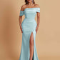 Elegant Soft Satin Mermaid Off Shoulder Asymmetrical Side Slit Floor-Length Bridesmaid Dresses