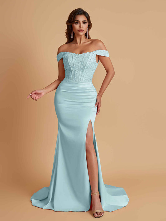 Elegant Soft Satin Mermaid Off Shoulder Side Slit Floor-Length Mermaid Bridesmaid Dresses