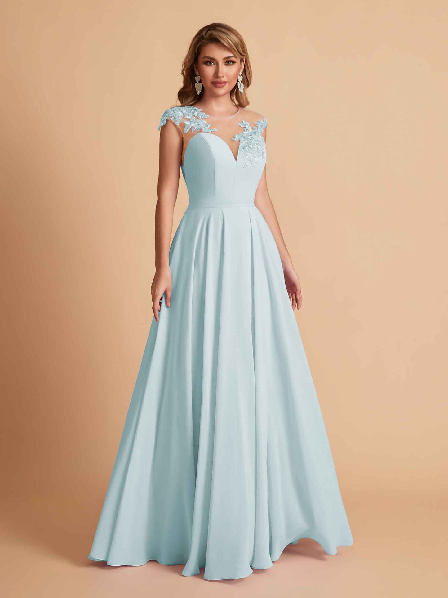 Chiffon Illusion Lace Top A-line Bridesmaid Dresses V-neck Floor Length Wedding Guest Dresses