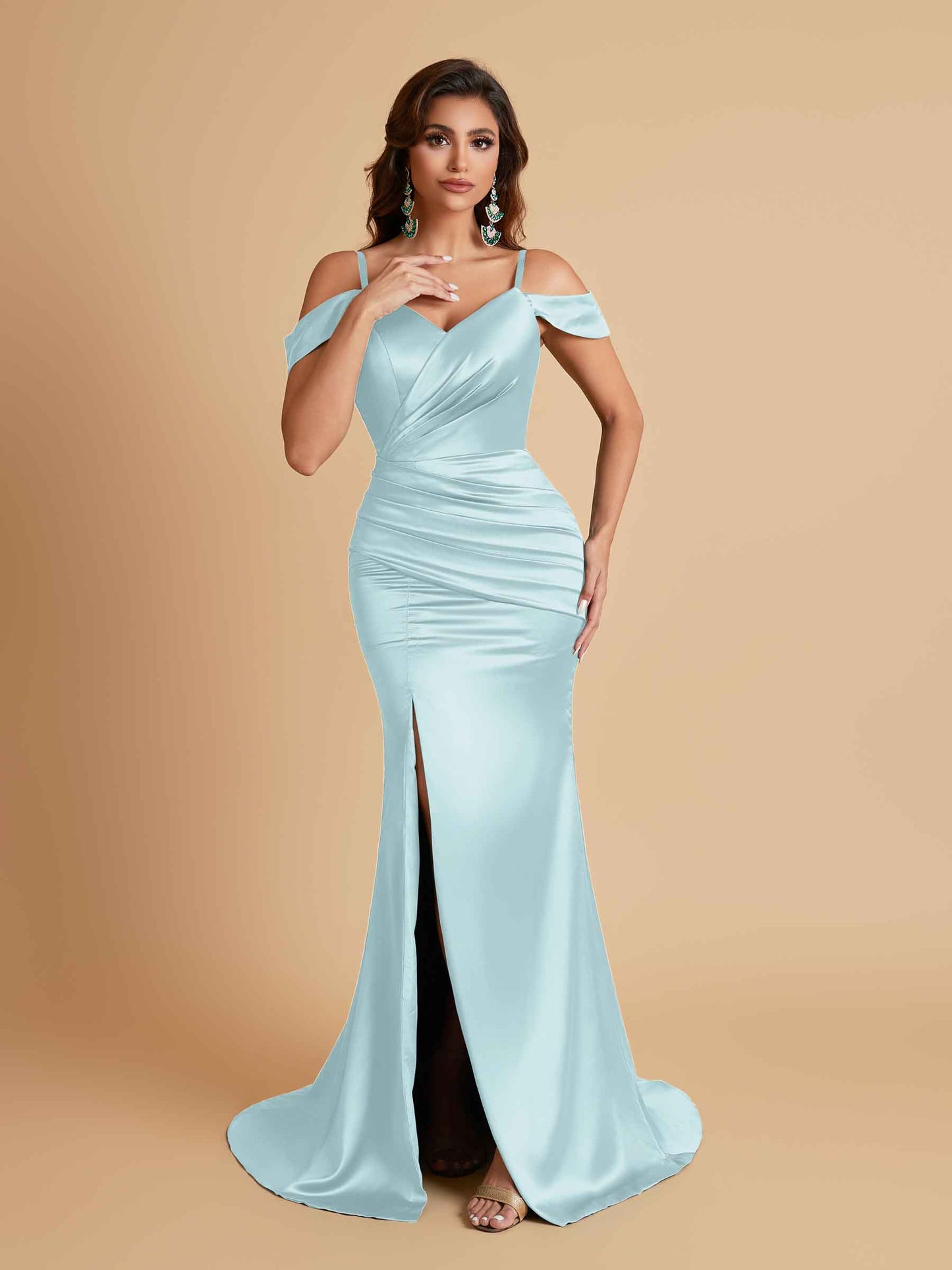 Sexy Soft Satin Mermaid Off Shoulder Side Slit Floor-Length Mermaid Bridesmaid Dresses