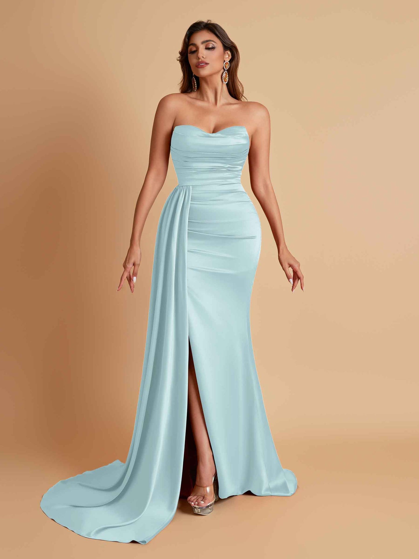 Elegant Soft Satin Sweetheart Strapless Side-Slit Mermaid Bridesmaid Dresses