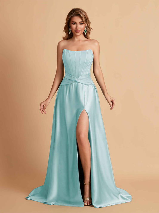 Elegant Satin Sweetheart A-Line Side Slit Floor Length Bridesmaid Dresses