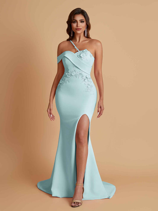 Sexy Soft Satin Mermaid One Shoulder Asymmetrical Side Slit Floor-Length Bridesmaid Dresses