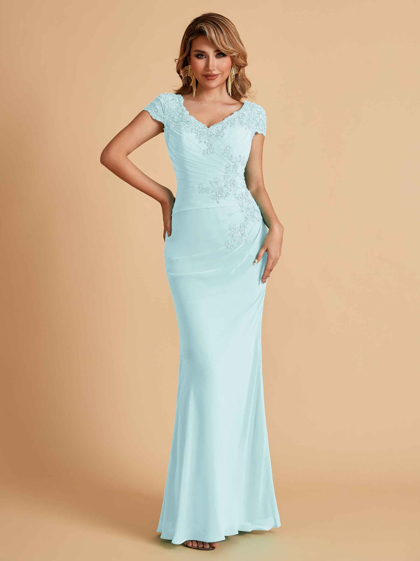 Elegant Mermaid Chiffon Cap Sleeves V-Neck Mother of the Brides Dresses Online