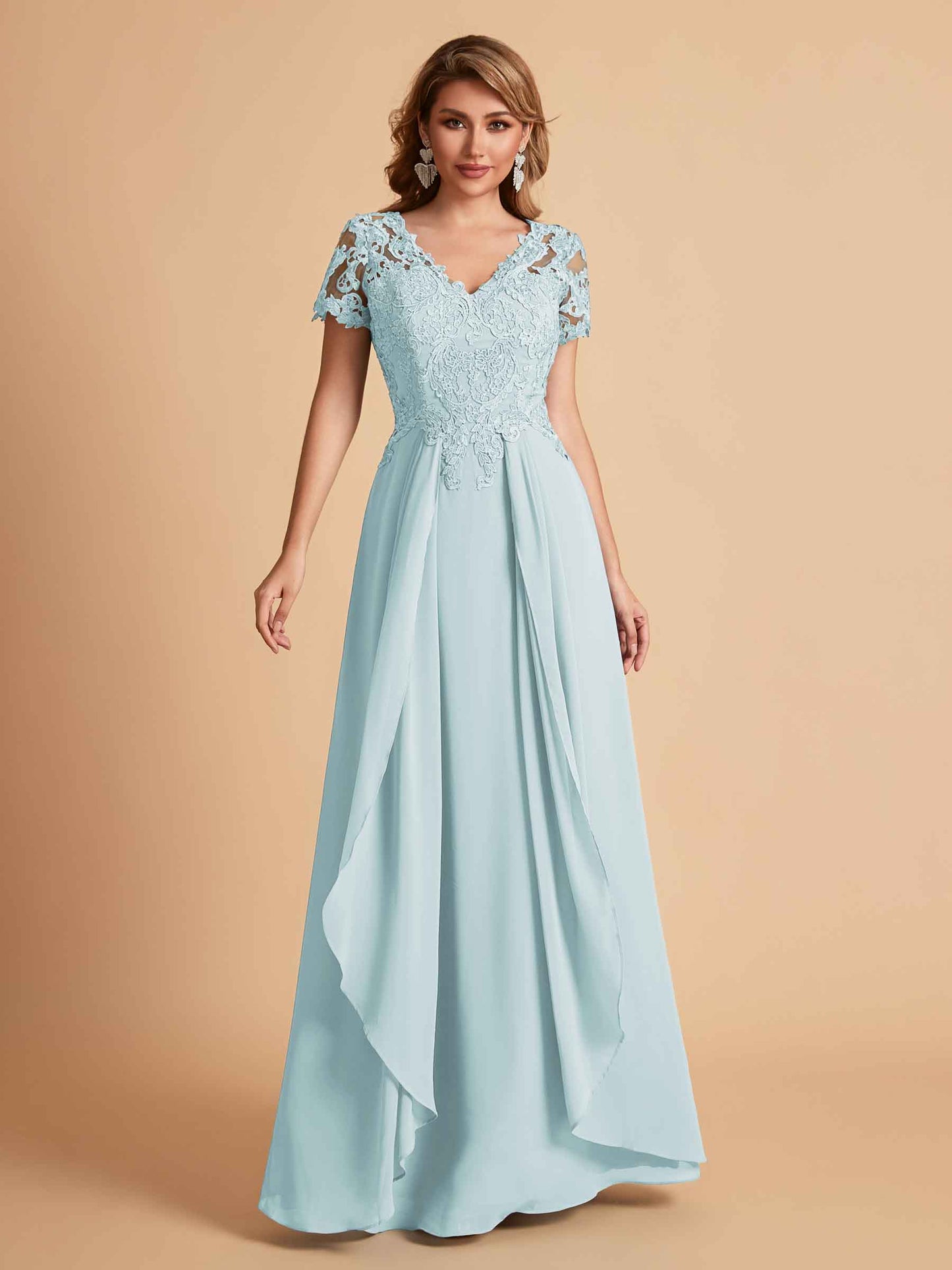 Elegant A-Line Chiffon Short Sleeves V-neck Mother of the Brides Dresses Lace Top MOB Dresses