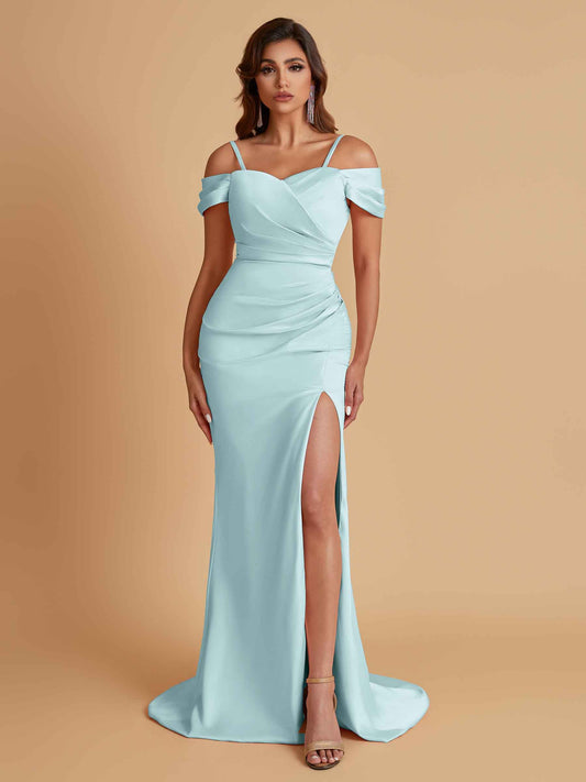 Sexy Soft Satin Mermaid Cold Shoulder Side Slit Floor-Length Bridesmaid Dresses Online
