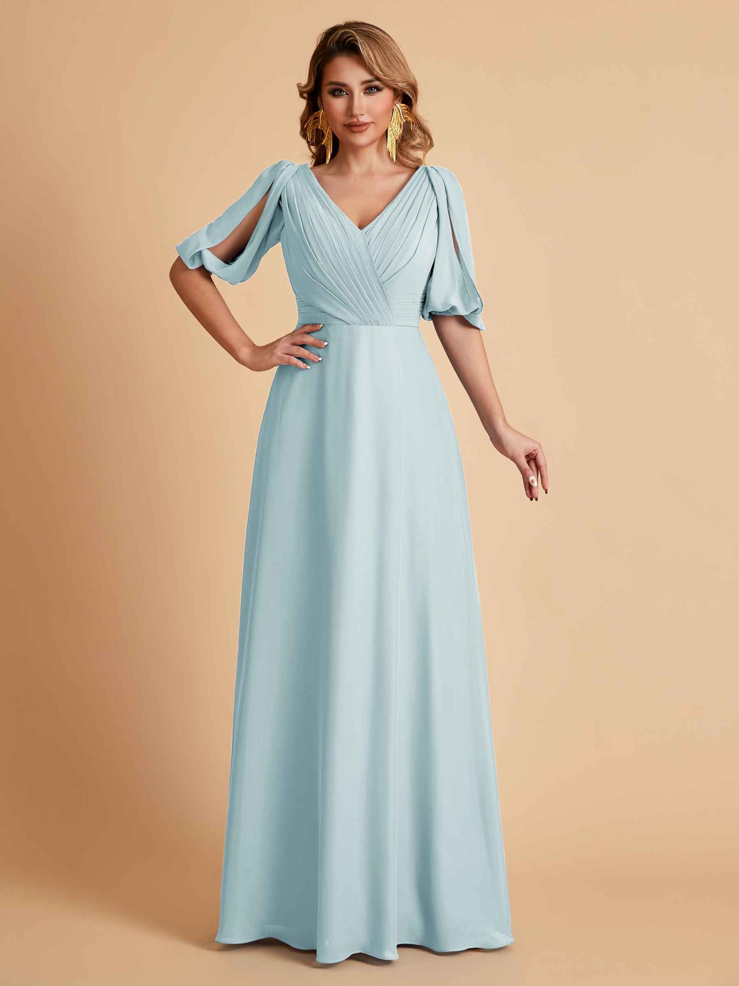 Elegant A-Line Chiffon Half Sleeves V-Neck Mother of the Brides Dresses Online