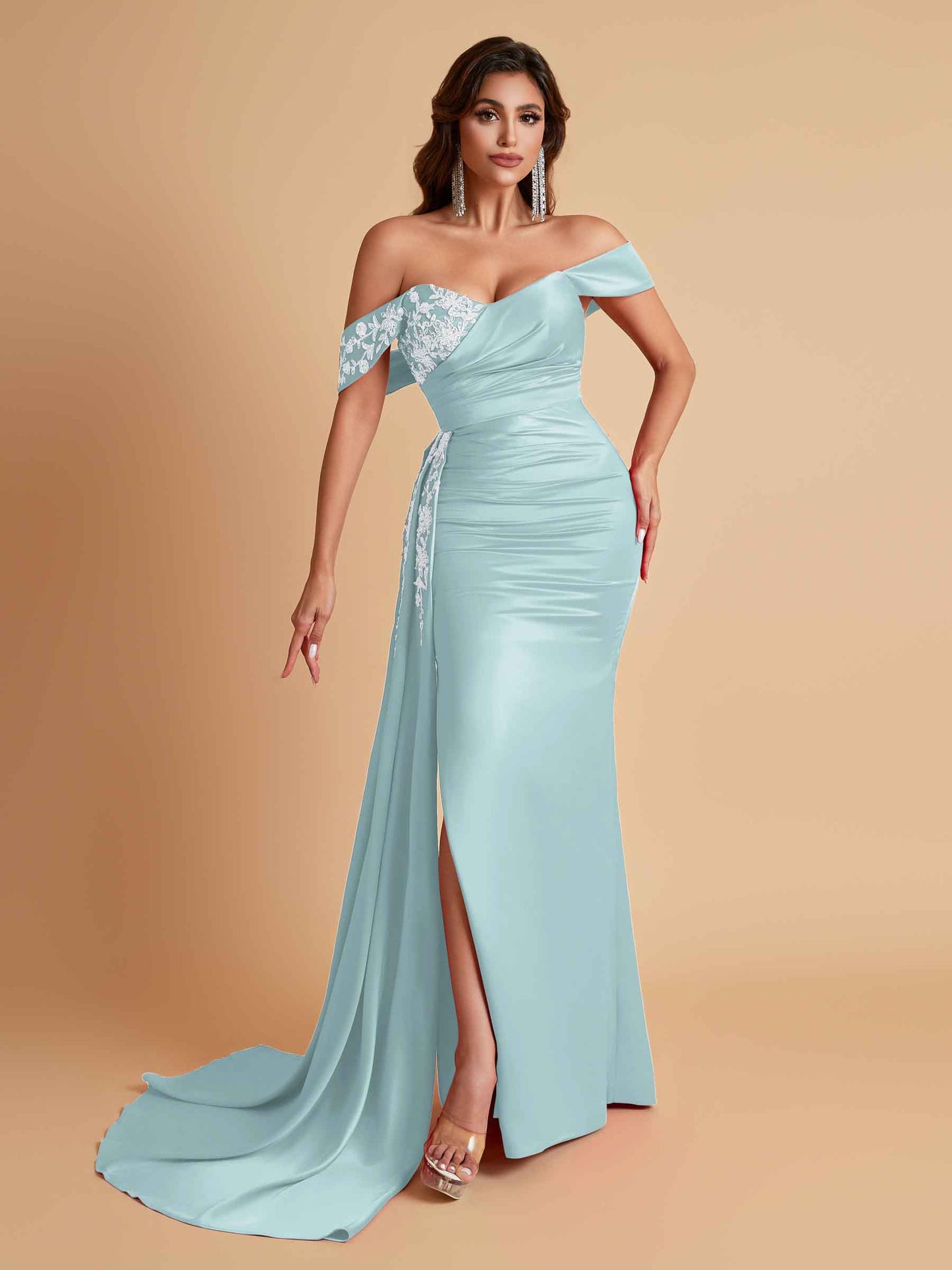 Elegant Soft Satin Mermaid Off Shoulder Floor-Length Mermaid Bridesmaid Dresses