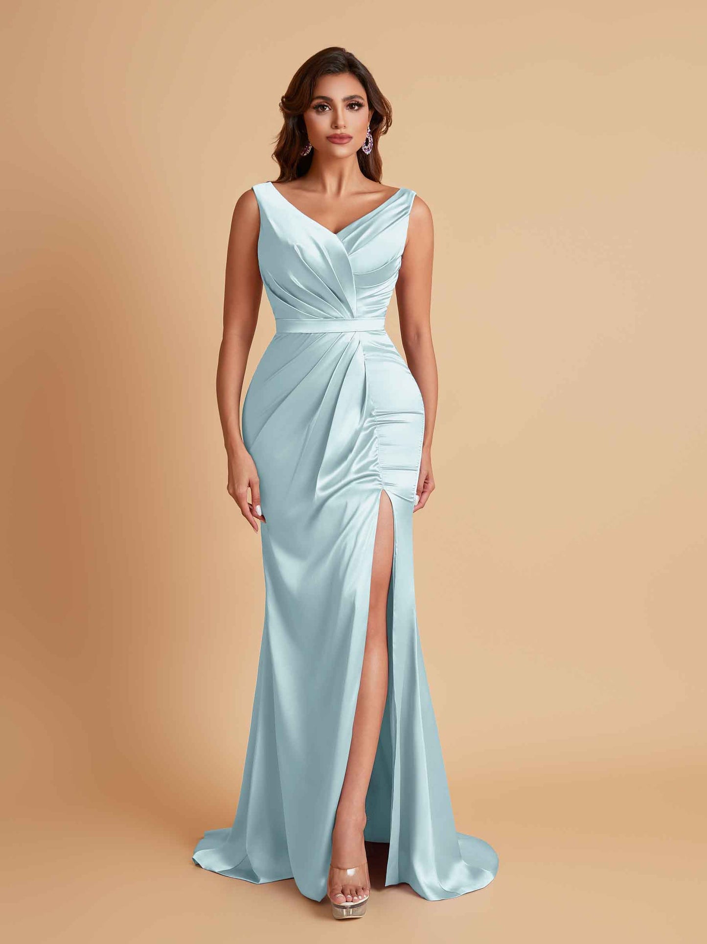 Elegant V Neck Soft Satin Side Slit Floor-Length Mermaid Bridesmaid Dresses