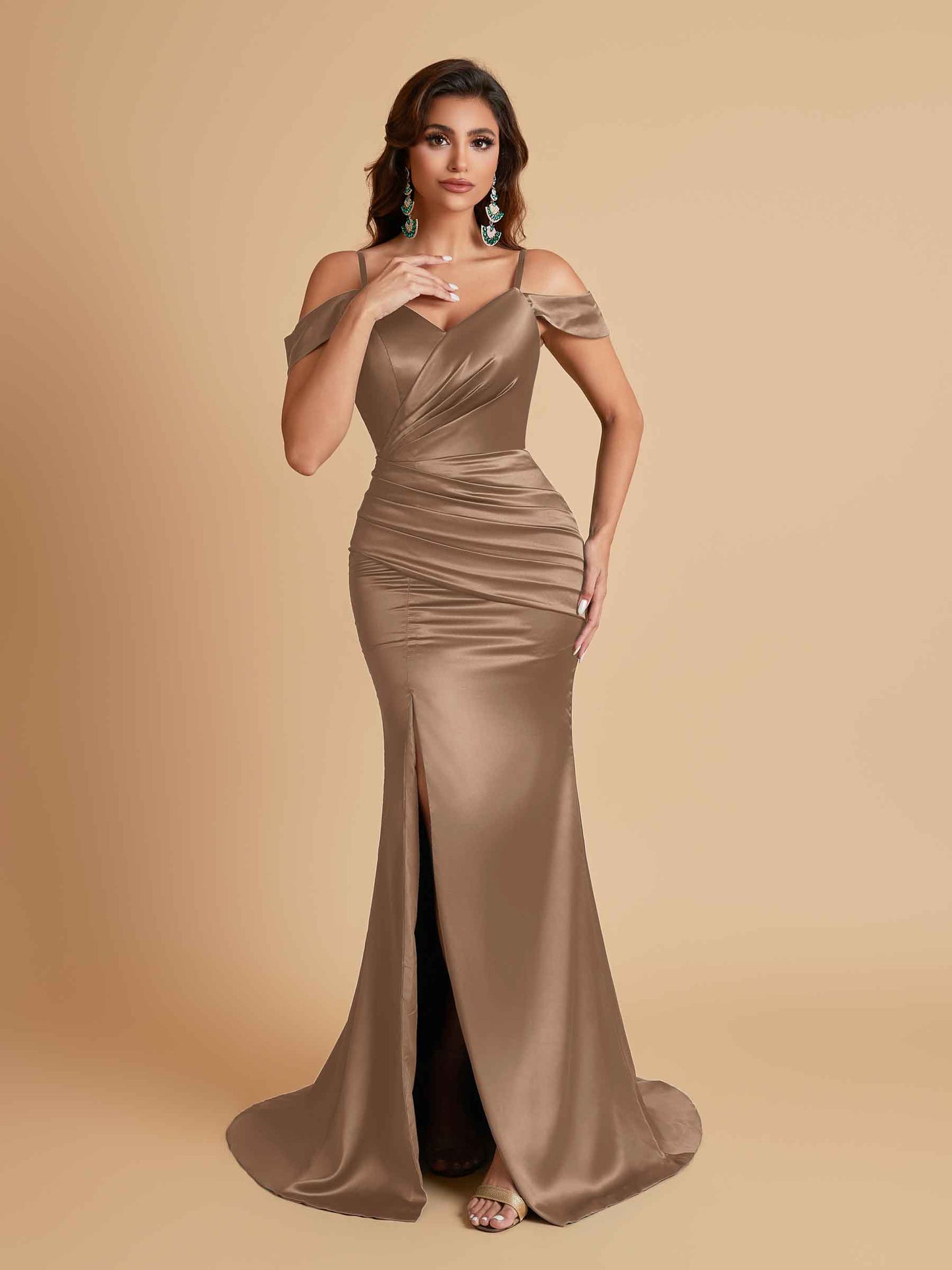 Sexy Soft Satin Mermaid Off Shoulder Side Slit Floor-Length Mermaid Bridesmaid Dresses