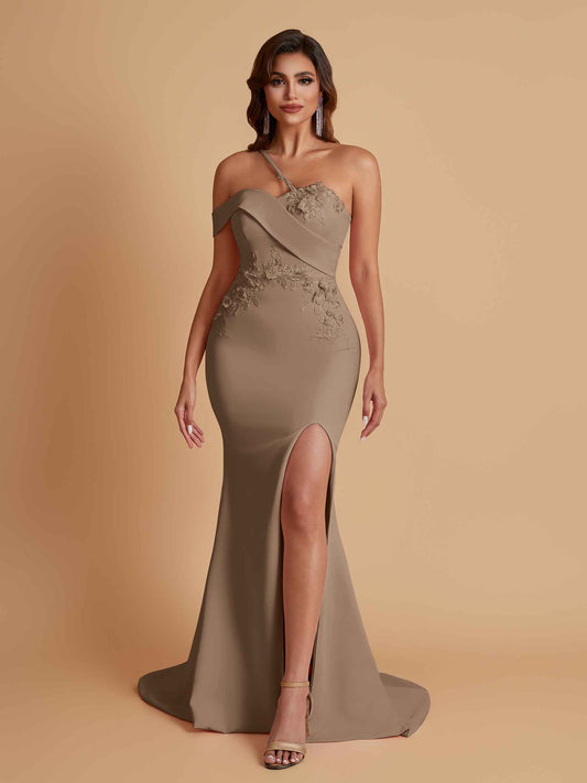 Sexy Soft Satin Mermaid One Shoulder Asymmetrical Side Slit Floor-Length Bridesmaid Dresses
