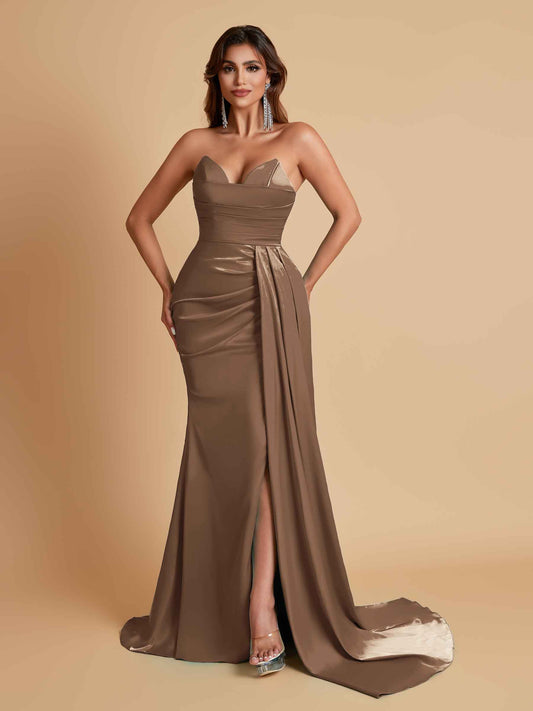 Gorgeous Strapless Soft Satin Side Slit Floor-Length Mermaid Bridesmaid Dresses