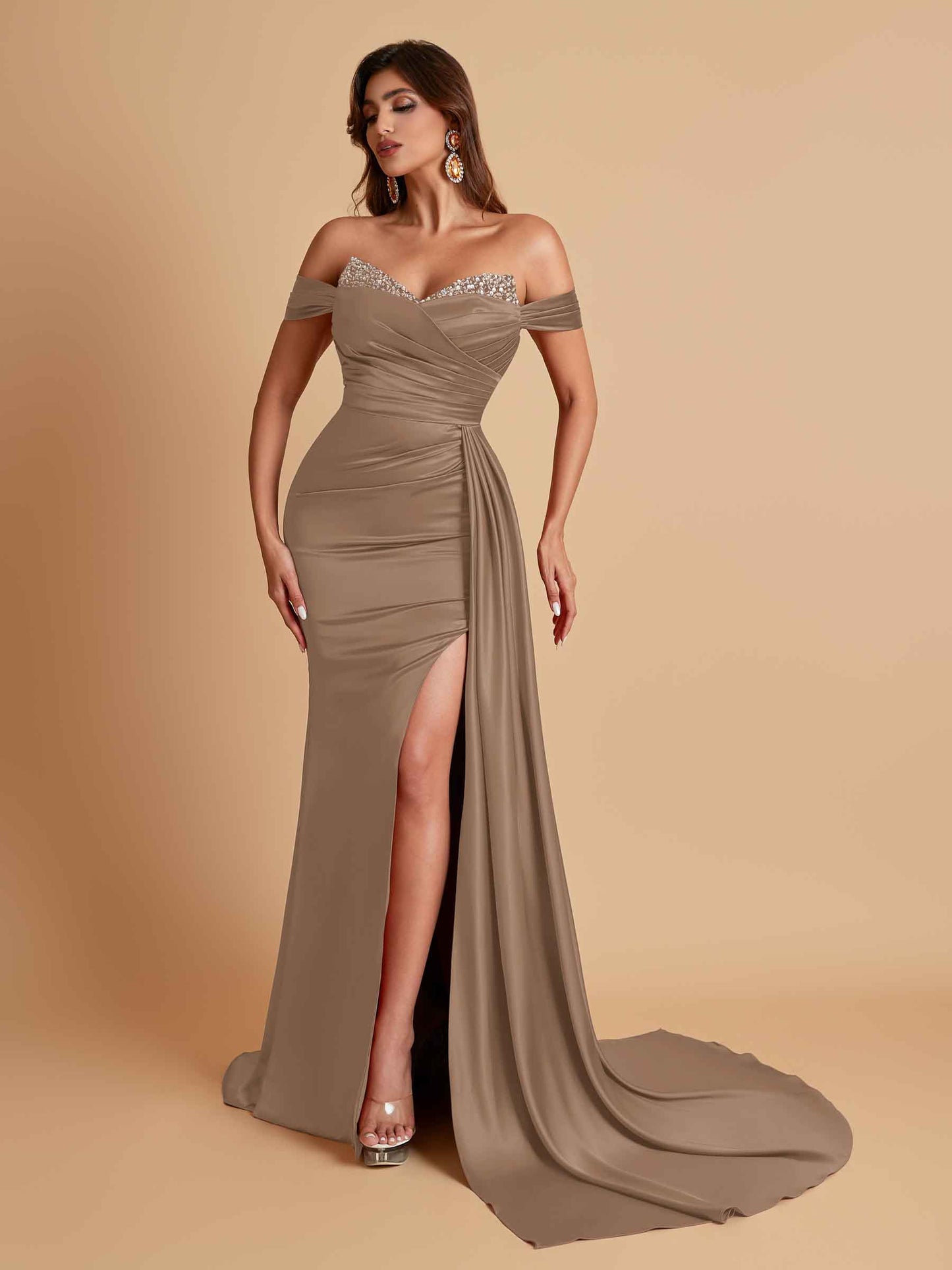 Gorgeous Soft Satin V-neck Off-the-Shoulder Side-Slit Mermaid Bridesmaid Dresses