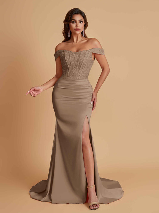 Elegant Soft Satin Mermaid Off Shoulder Side Slit Floor-Length Mermaid Bridesmaid Dresses