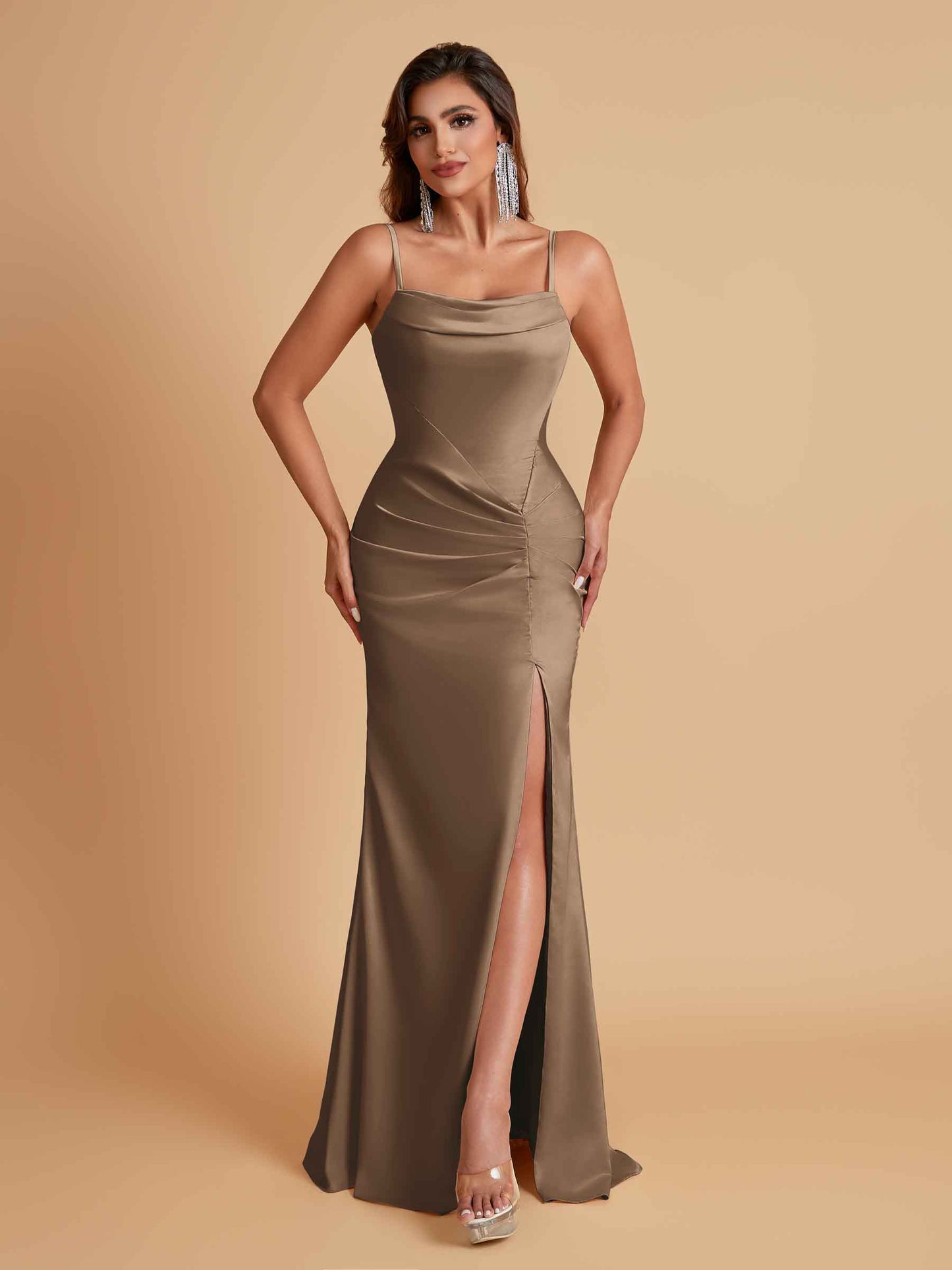 Gorgeous Spaghetti Straps Soft Satin Side Slit Floor-Length Mermaid Bridesmaid Dresses