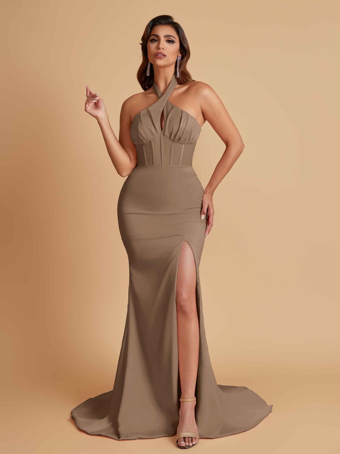 Elegant Soft Satin Mermaid Halter Side Slit Floor-Length Bridesmaid Dresses Online
